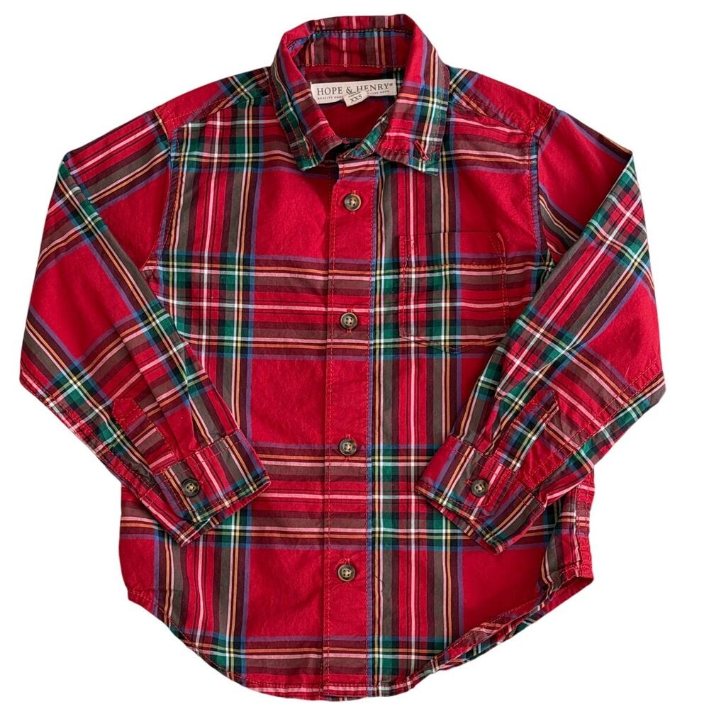 HOPE & HENRY Boys Red Plaid Long Sleeve Button Down Size XXS